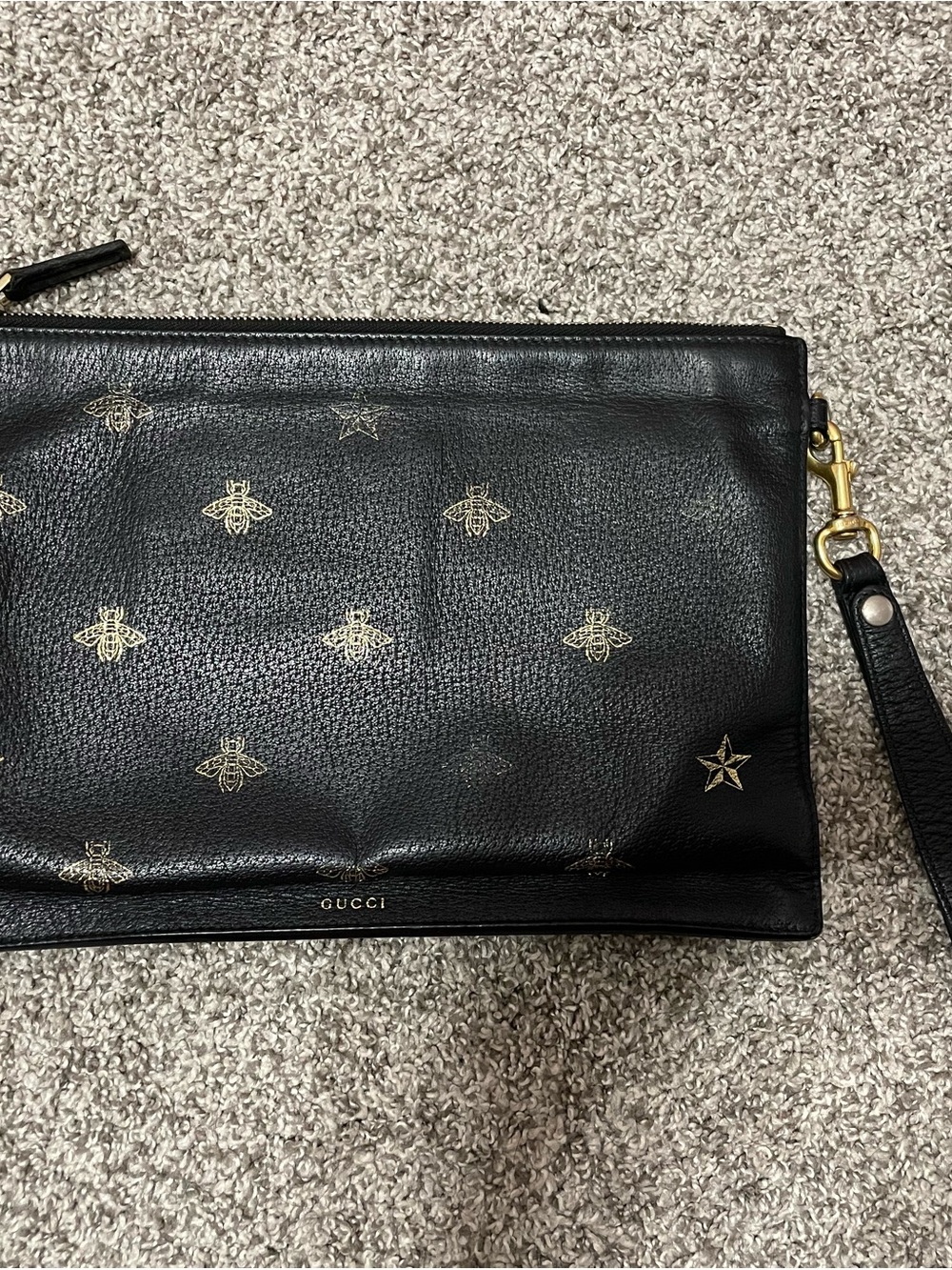 Gucci Black Leather Wristlet with Gold Bee and Star Motifs